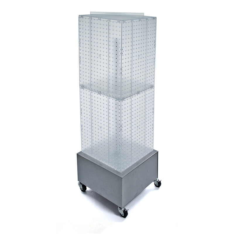 Présentoir de plancher en panneau perforé à quatre côtés sur base à roulettes en métal. Support à roulettes. Taille du panneau: l 14 po x H 40 po