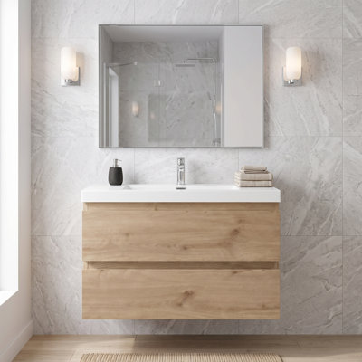 Meuble-lavabo suspendu de 76 cm (30 po) en mélamine en bois avec lavabo intégré en résine, armoire de salle de bain en bois naturel avec tiroirs à fermeture douce et poignées supprimées