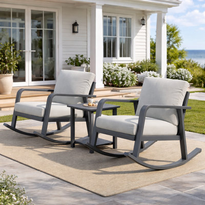Ensemble de meubles de véranda relaxants, chaises bistro berçantes en aluminium 3 pièces avec table d'appoint, coussins en oléfine, terrasse extérieure pour 2 personnes