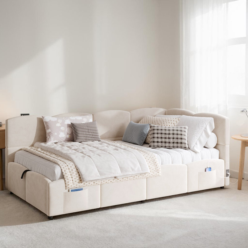 Upholstered Storage Bed, Beige Velvet