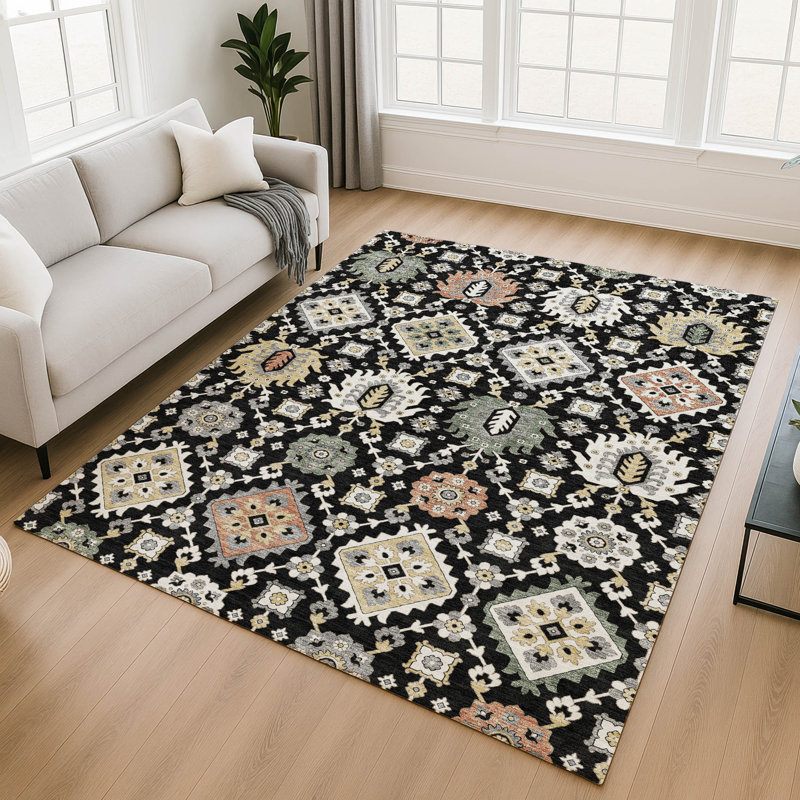 Premium Machine Washable Mayfield AMF2200 bohemian Rug, 5' x 7'6", Black