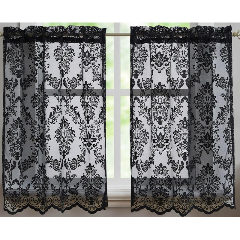 Tario Pair of 2 Floral Scalloped 30" Kitchen Curtain Tiers, 30" W x 24" L, Black