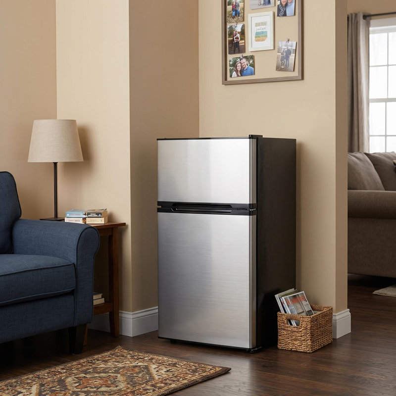 Réfrigérateur compact en acier inoxydable de 3,1 pieds cubes avec tablettes en verre amovibles pour petits espaces, dortoir et appartement