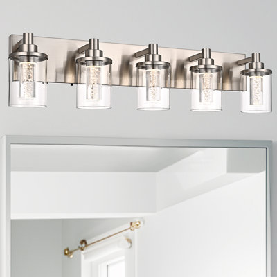 5-Light Brushed Nickel Vanity Light With 5 Color Modes (3000K/3500K/4500K/5000K/6000K), Eye Protection LED Bathroom Light Fixture, Dimmable Modern Wall Light Over Mirror With Clear Glass Shade