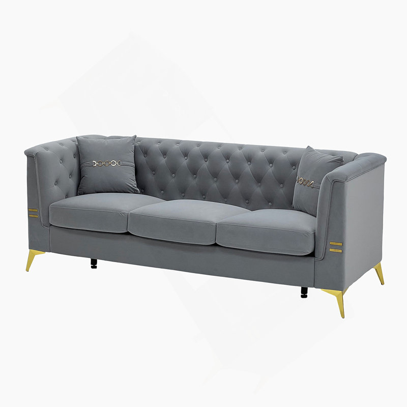 Canapé moderne en velours capitonné avec pieds et coussins en métal doré, élégant canapé Chesterfield de style 3 places pour le salon, gris clair