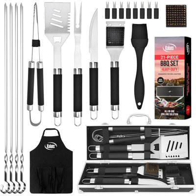 Ensemble d'outils de barbecue en acier inoxydable Kaluns avec étui de transport en aluminium et tablier, antiadhésif, allant au lave-vaisselle et accessoires argentés (noir)
