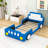 Twin Size Race Car-Shaped Platform Bed With Wheels And Slats-2129094057