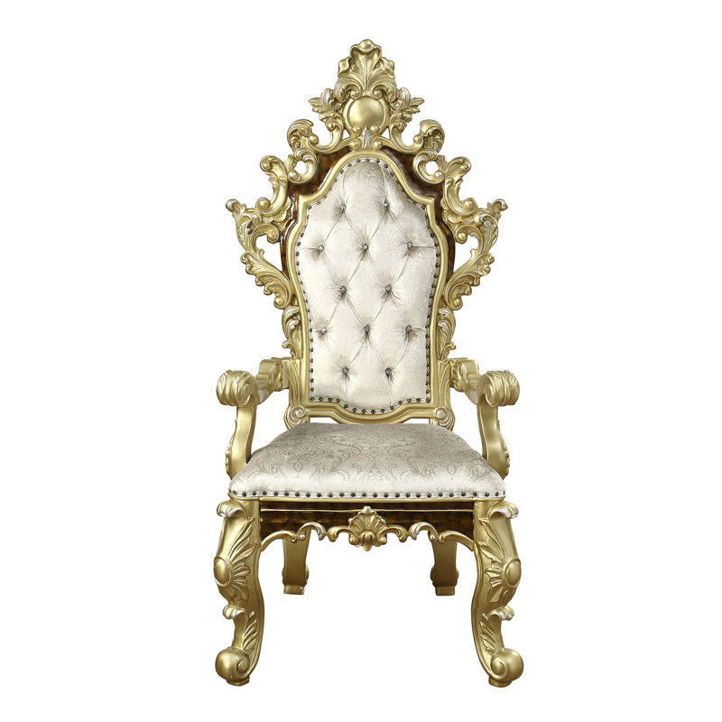 Ornate Beige and Gold Faux Leather Tufted Arm Chair Set