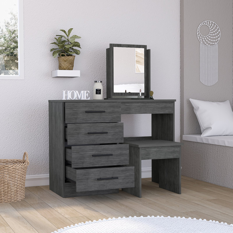 Kaia Makeup Dressing Table with Mirror and 4 Drawers, Stool Included, Smokey Oak/Smokey Oak