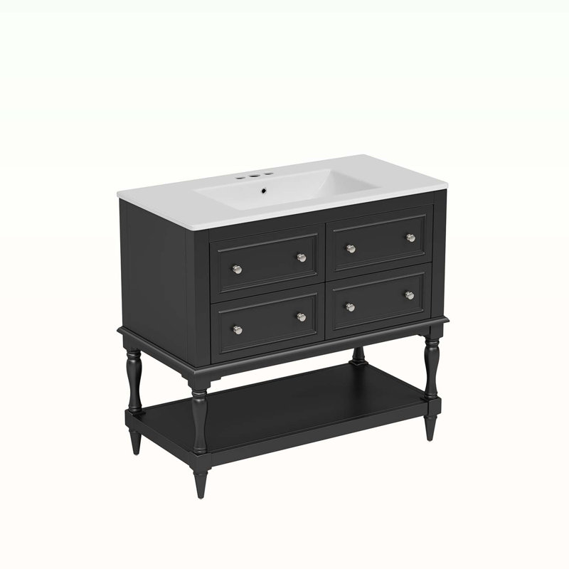 Ensemble de meuble-lavabo autoportant avec 4 tiroirs et lavabo, Noir