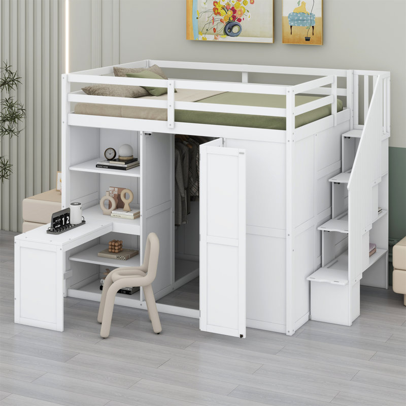 Lit mezzanine avec garde-robe, bureau et tablettes, Blanc