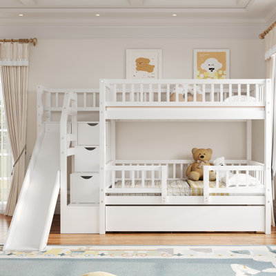 Twin Over Twin Bunk Bed with Storage Staircase, Slide, Trundle, Drawers, White, Pine Wood Frame