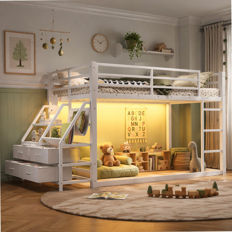 Lit superposé simple au-dessus de simple avec tablettes et tiroirs de rangement, lit superposé en métal avec lumières DEL pour adolescents, pas besoin de sommier tapissier. Blanc