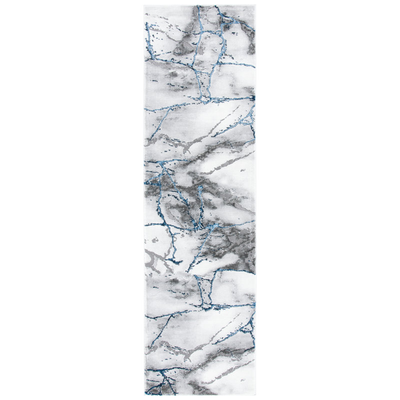 John-Paul Craft Performance Abstract Rug, Runner 2'3" x 12', Ivory Gray/Blue