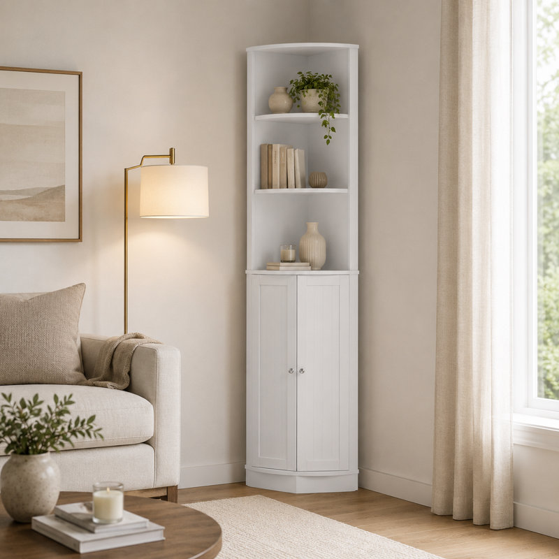 Armoire de rangement autoportante blanche de 67 po de hauteur, armoire étroite avec portes doubles et tablettes réglables, organisateur de coin peu encombrant pour la salle de bain, la cuisine, la chambre à coucher, la salle de lavage