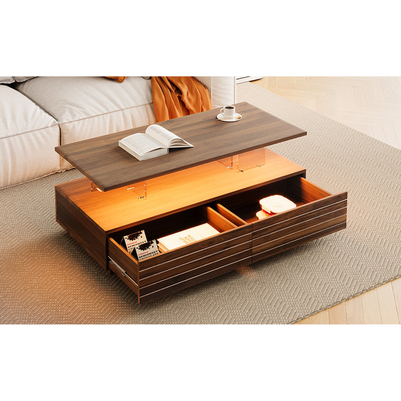 Table basse moderne à DEL avec 2 tiroirs Modern, H 19,6 po x L 45,83 po x l 21,32 po, Noyer