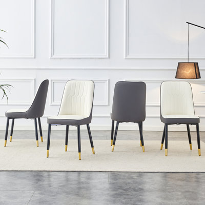 Set Of 4 Modern Dining Chairs With White - Dark Grey Dual - Tone PU Leather Backrest And Black Metal Legs For Kitchens, Bedrooms And Offices