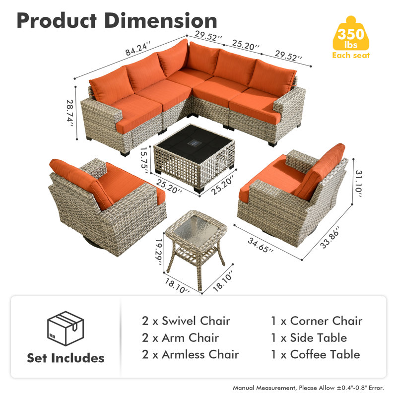 Ensemble de conversation d'extérieur en rotin pour 7 personnes avec chaises berçantes pivotantes, Orange