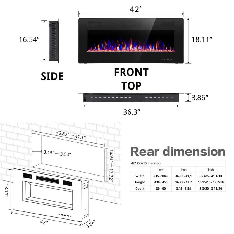Recessed and Wall Mounted The Thinnest Fireplace, 18.10" H x 42" W x 3.80" D