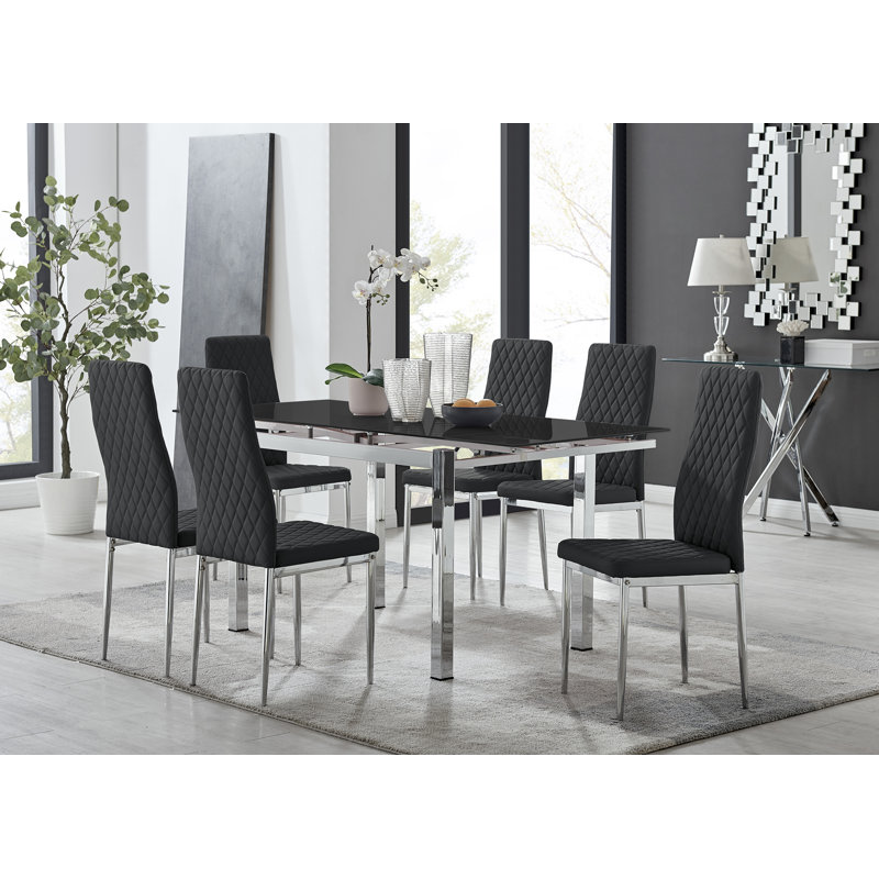 Tierra Modern Glass & Metal Extendable Dining Table Set & 6 Luxury Faux Leather Dining Chairs, Black/Silver