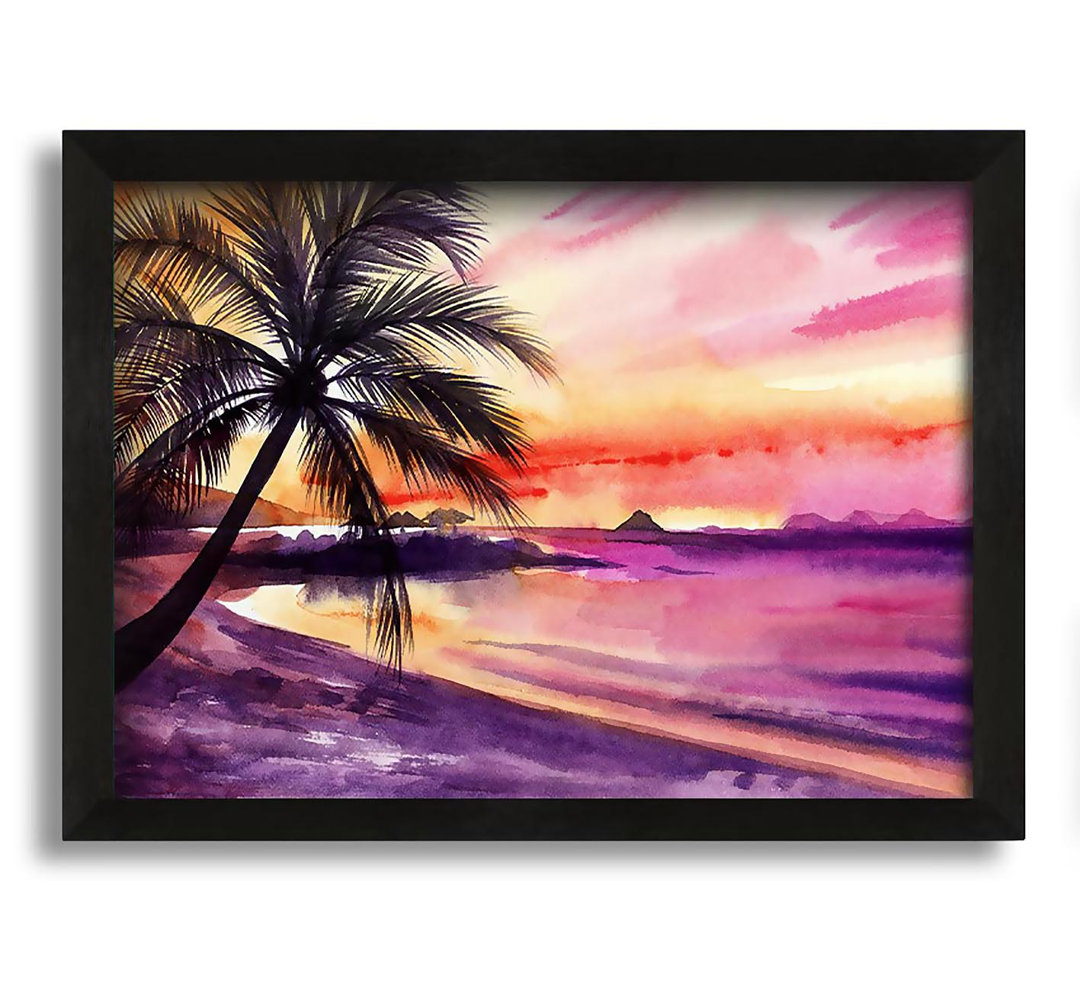 Gerahmtes Leinwandbild Watercolour Purple Palm Tree Ocean