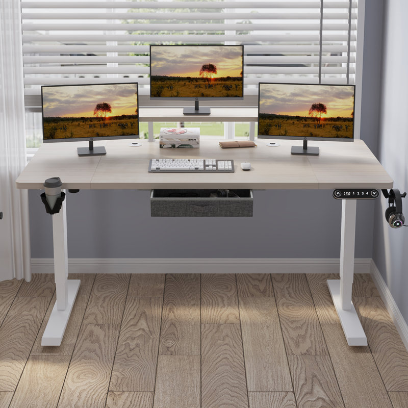 Lasherrie Height Adjustable Standing Desk With A Layer, Oak/White, 49" H x 63" W x 30" D