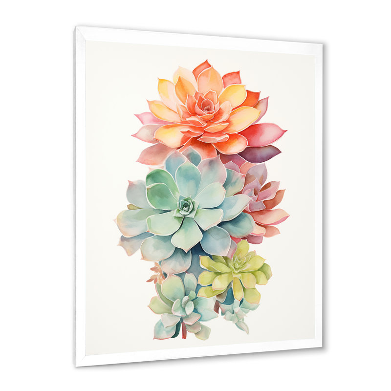 " Blossoming Succulent Tender Retro Blue Orange ", White Single Picture Frame, 44" H x 34" W x 1.5" D