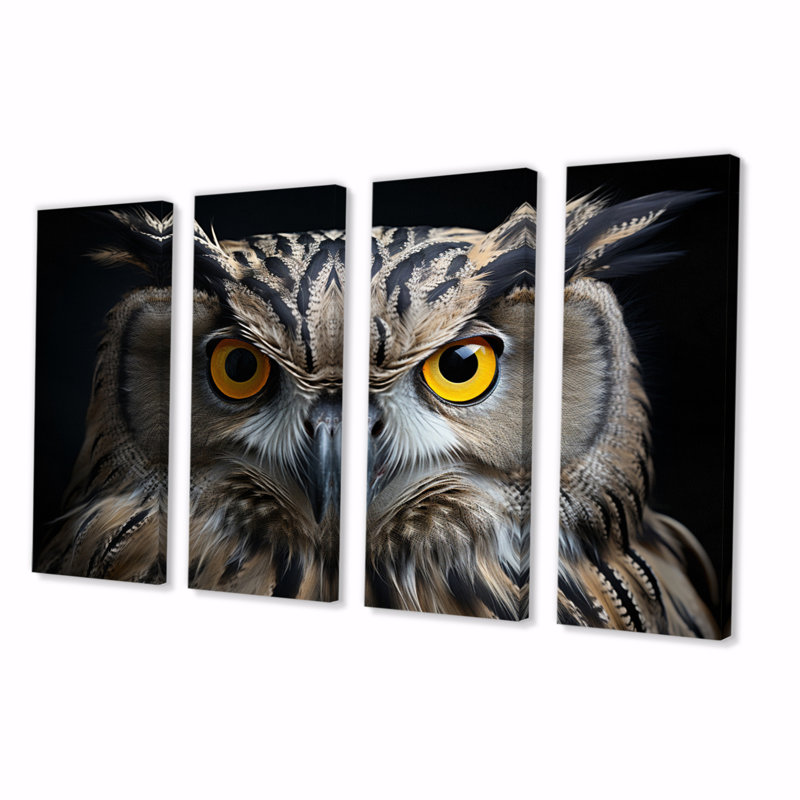 Portrait d'un hibou noir et blanc sur toile, ensemble de 4 pièces