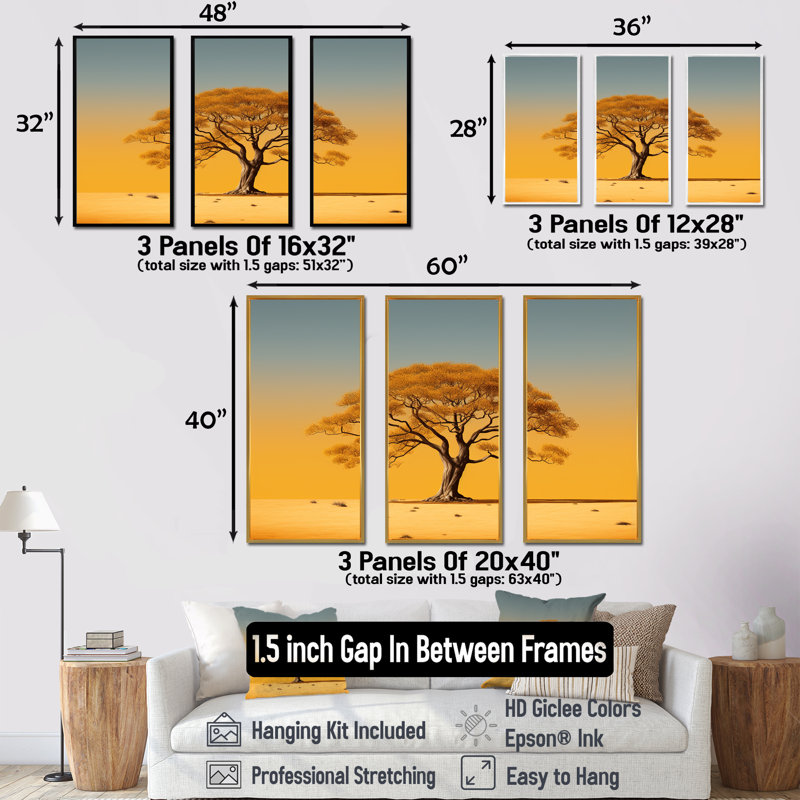 Arbre africain africain Aura III - ensemble d'art mural arbre africain, Cadre flottant noir, H 40 po x l 60 po x P 1 po