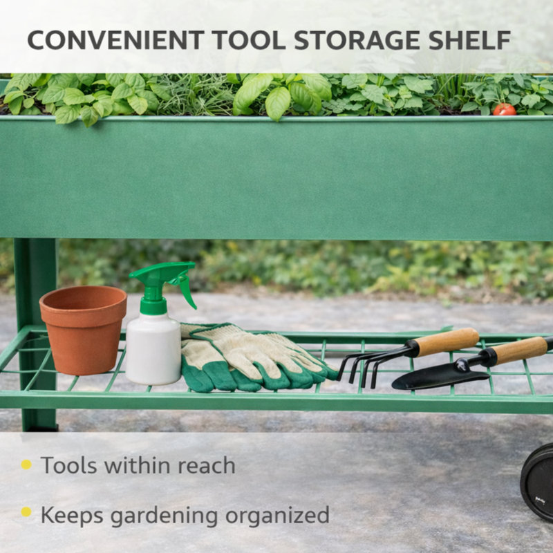 Lit de jardin surélevé surélevé extérieur 40 "avec roues et tablette pour la mobilité, jardinière en métal pour légumes / herbes, patio-balcon-cour - gris anthracite