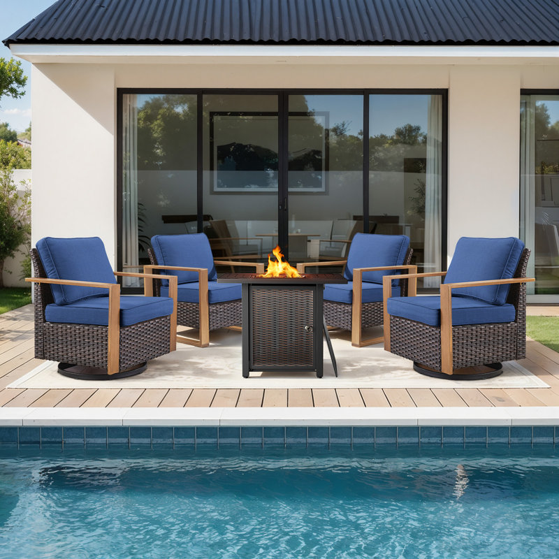 Drazen 4 - Person Patio Furniture Set With Fire Pit Table, All-Weather Wicker Outdoor Conversation Set With Chair And Thick Cushions