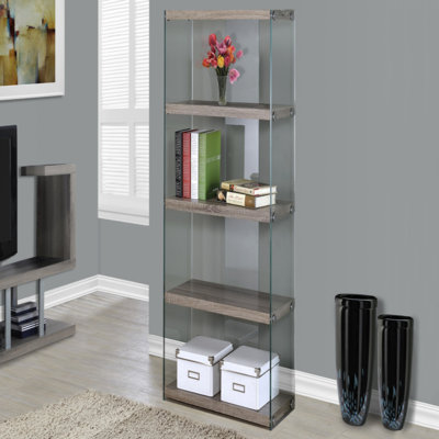 Bibliothèque, bibliothèque, étagère, 5 niveaux, H 60 po, bureau, chambre à coucher, stratifié brillant, verre trempé transparent, contemporain, moderne