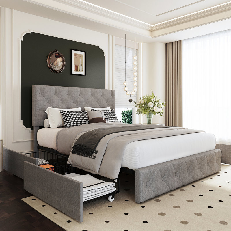 Grey Queen Upholstered Platform Bed with 4 Storage Drawers
