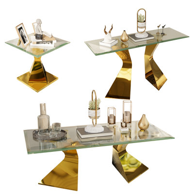 3 Piece Glass Living Room Table Set Of 3 Coffee Table Set With End Table And Console Table