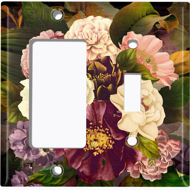 Couvercle de prise de plaque d'interrupteur d'éclairage à motifs en métal (fleur mauve blanc rose 2 - (G) simple GFI / (R) simple bascule) 2 bandes interrupteur à bascule / décorateur / bascule