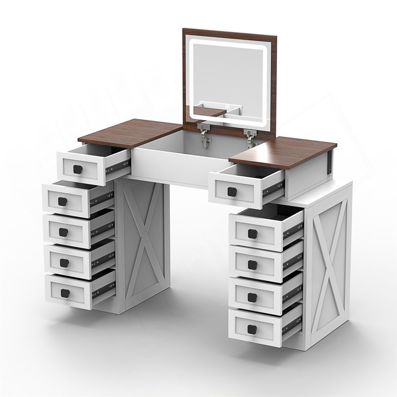 Multi-Functional Vanity Desk With Dimmable LED Light And 10 Drawers, Space-Saving Makeup Table With Flip-Up Mirror And Comfortable Stool