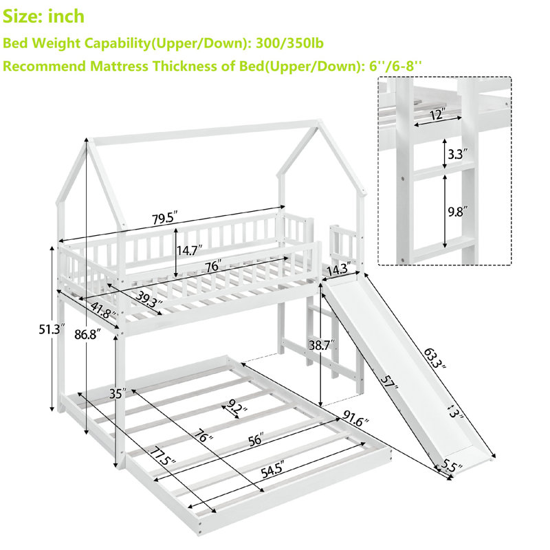 Twin Over Full Bunk Bed With Full-Length Guardrail, Gray