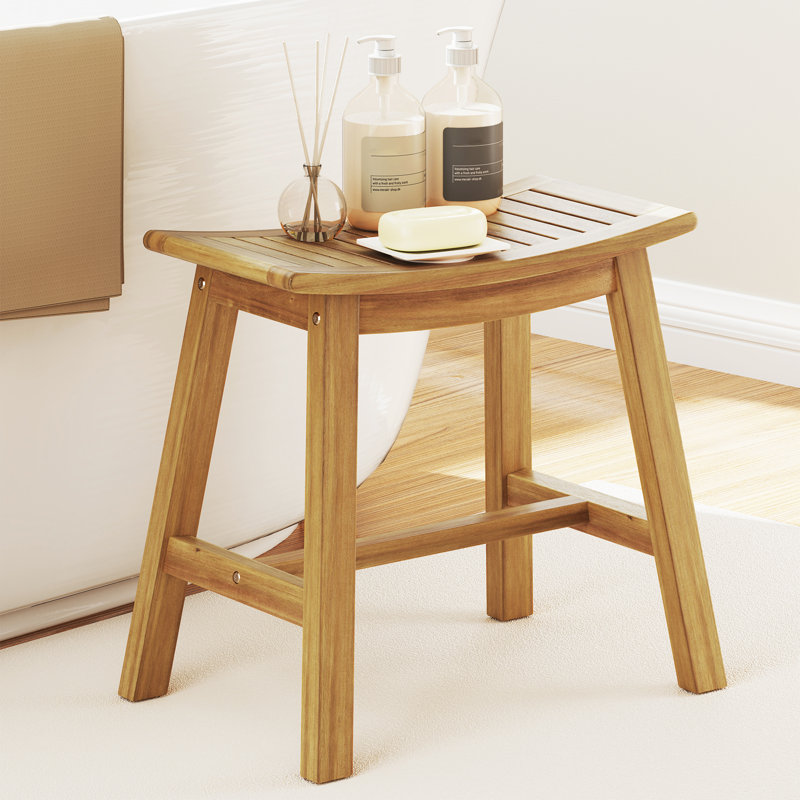 Shower Bench Teak Wood Shower Stool w/ Curved Seat Waterproof Bath Bench