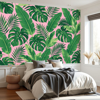 Papier peint adhésif à peler et coller feuilles vertes tropicales sans soudure rose Exotique autocollant amovible en papier contact mural pour le salon Chambre à coucher H 69 po x l 96 po