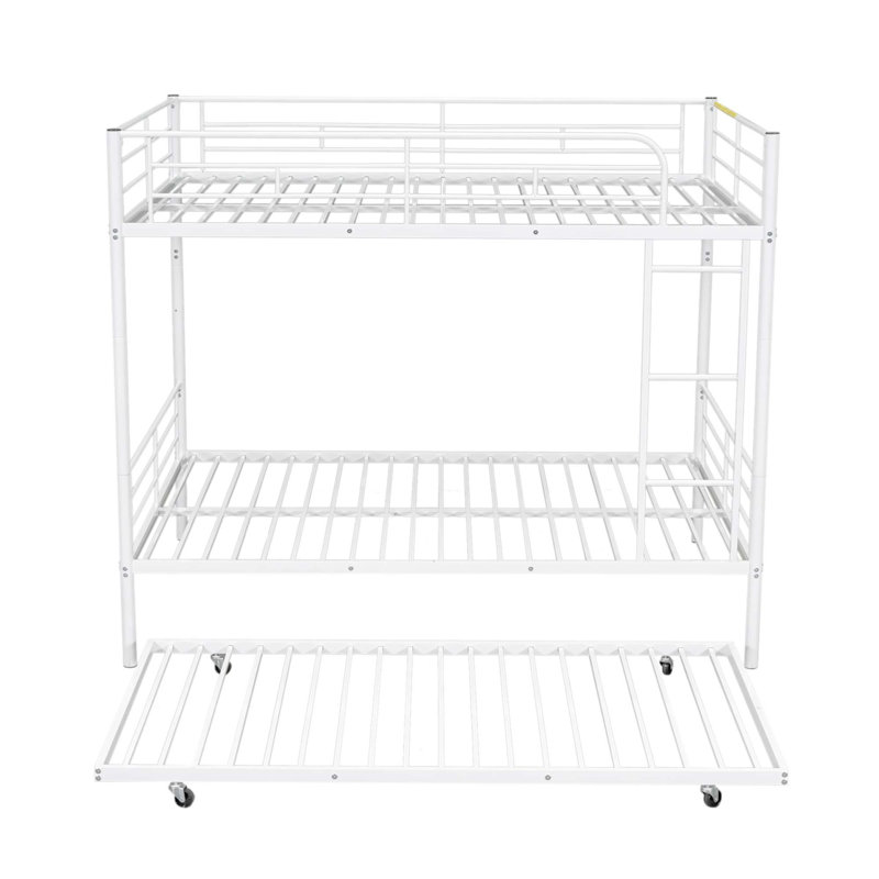 Metal Bunk Bed With Trundle, White, Full Over Full
