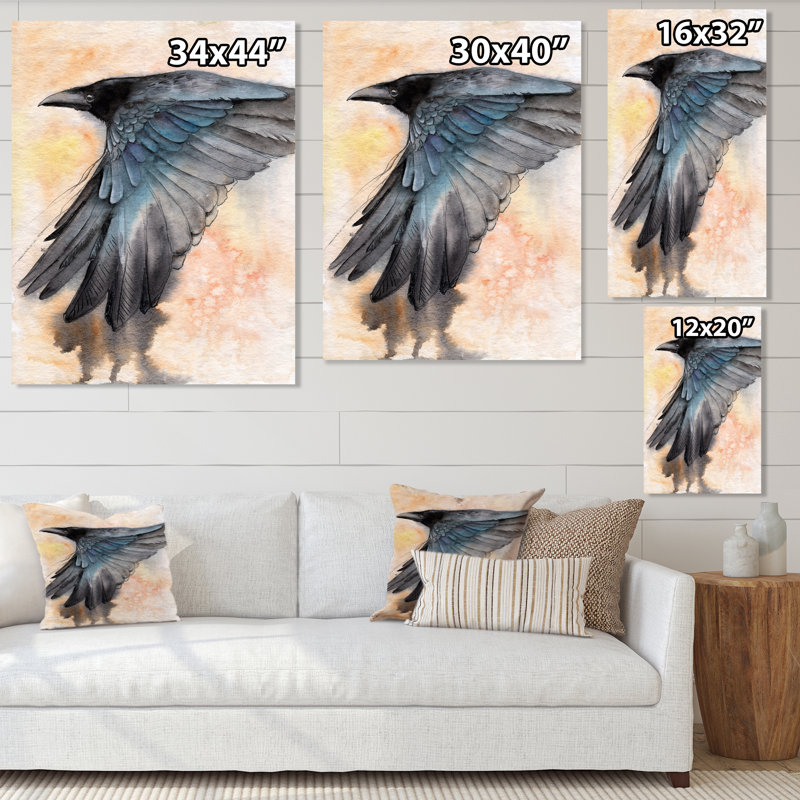Corbeau noir déployant ses ailes - peinture sur toile, H 40 po x l 30 po, Toile tendue