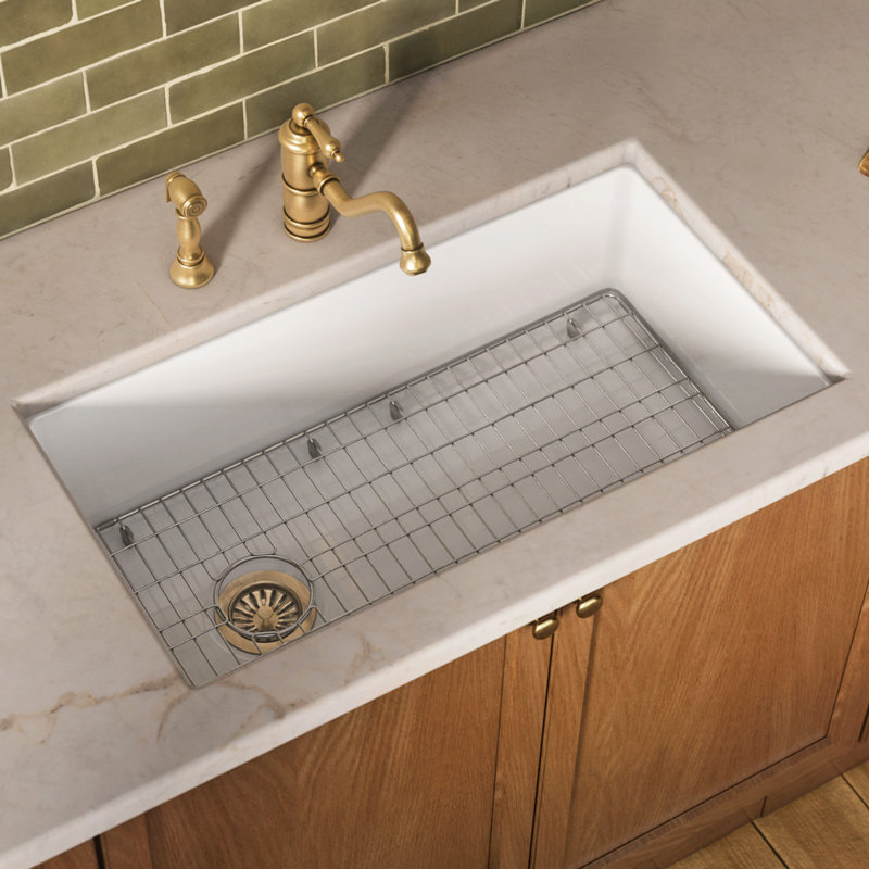 Whitehaus Collection Undermount Single Bowl Fireclay Kitchen Sink with Stainless Steel Grid, 10" H x 32" L x 19" D