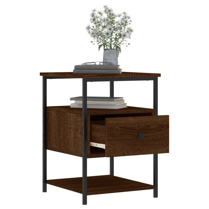 Agshin 40cm W Iron Bedside Table, Brown Oak, Set of 2
