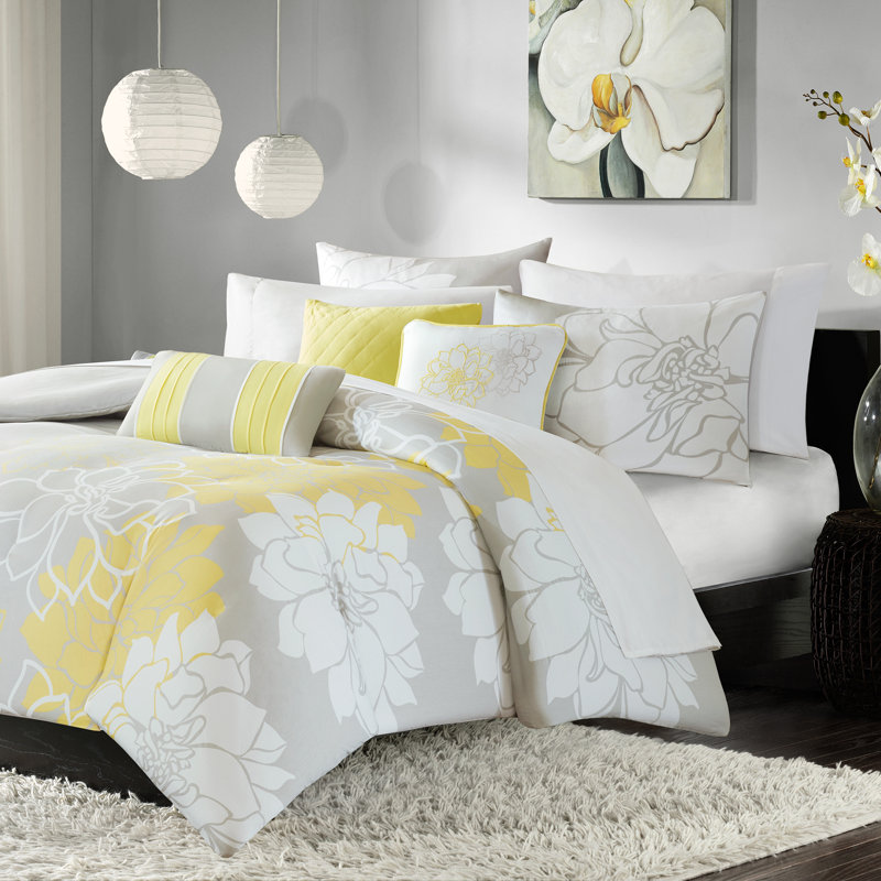 Lola Cotton Sateen Floral 6-Piece King/Cal King Duvet Cover Set, King/Cal. King Duvet Cover + 2 Shams +3 Pillows, Yellow