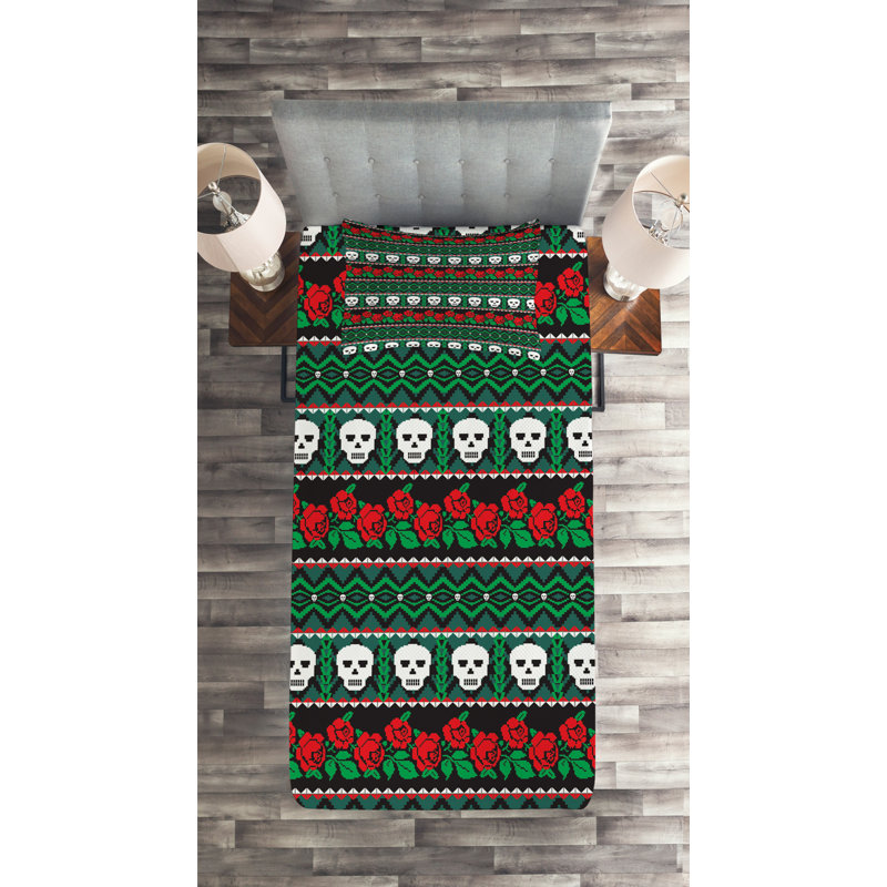 Skull Polyester Geometric Shapes Coverlet, Twin Bedspread + 1 Sham
