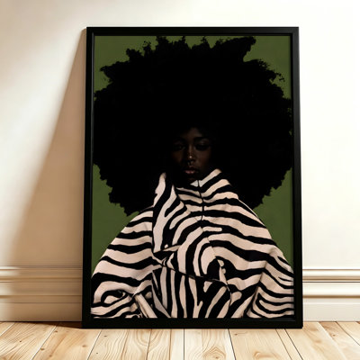 Floater Framed Wrapped Canvas Wall Art - Black Woman in Zebra Striped Garment, Dramatic Chiaroscuro, Black Frame, 16x24 Inch, Bedroom Living Room Office Decor