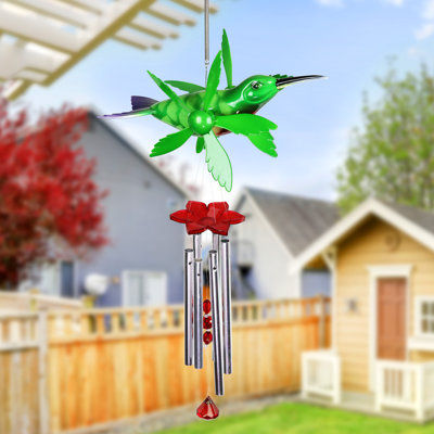 Exhart Metallic Hummingbird Whirligigs Spinning Windchime, 13 by 24 Inches
