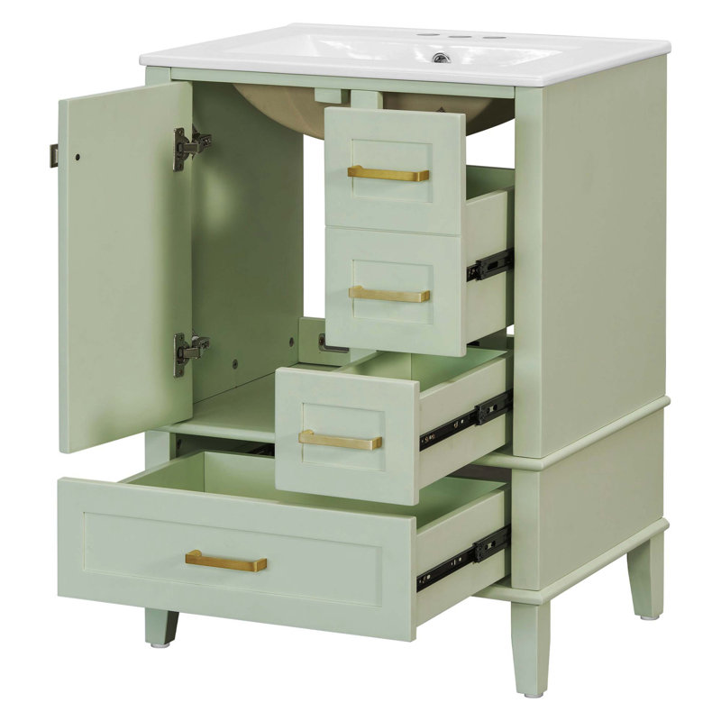 Meuble-lavabo autoportant peu encombrant avec plusieurs tiroirs et lavabo en céramique, Green