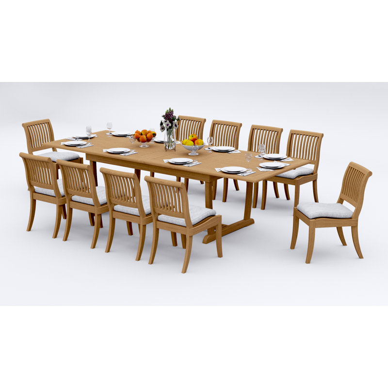 8 Seats 9 Pcs Grade-A Teak Wood Dining Set: 118" Double Extension Mas Rectangle Trestle Leg Table And 8 Arbor Stacking Armless Chairs #11AB2500