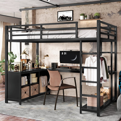 Lit mezzanine en métal avec garde-robe et bureau en forme de L, lit mezzanine avec cubes de rangement et tablettes, lit mezzanine pour enfants, adolescents, adultes